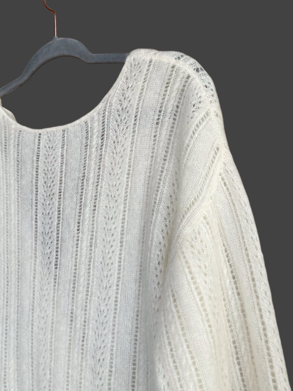 SEZANE Ecru Cream Mohair Wool Reversible V Neck Pointelle Knit Cristina Sweater - Picture 14 of 17